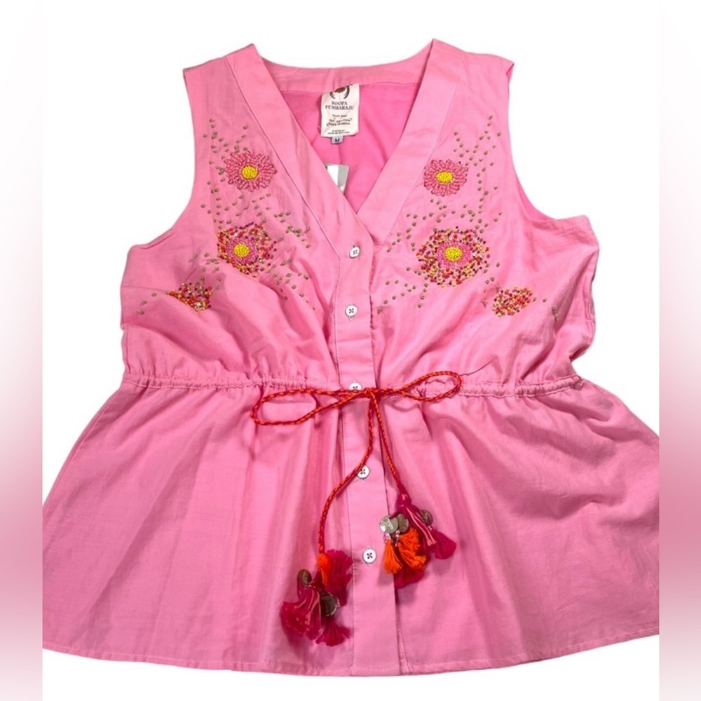 Anthropologie Pink Embroidered Sleeveless Top EUC